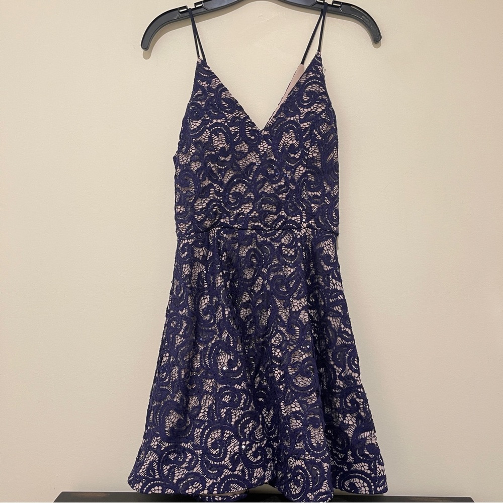 Sequin Hearts Navy Sequin & Lace Dress
